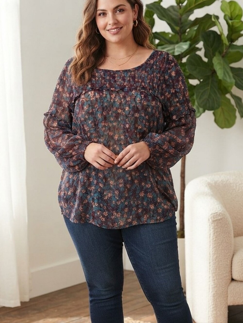 LOGO by Lori Goldstein 1X Blue and Burgundy Floral Tunic Top - Picture 1 of 10